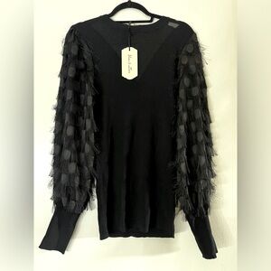Vine & Love Black Sheer Frill Fringe Polka Dot Lantern Sleeve Ribbed Top Blouse